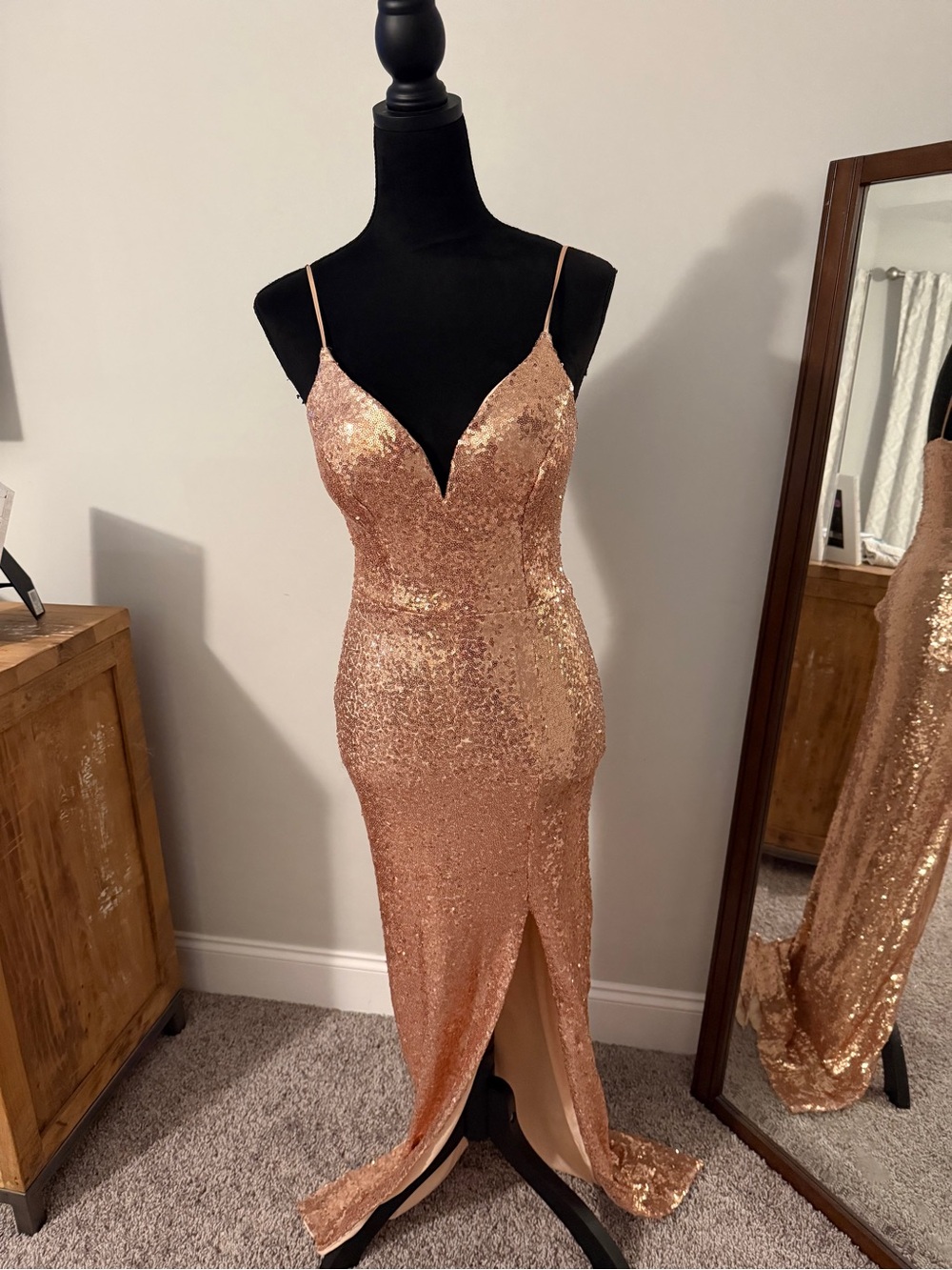 Sequin Spaghetti-Strap Evening Gown in Rose Gold